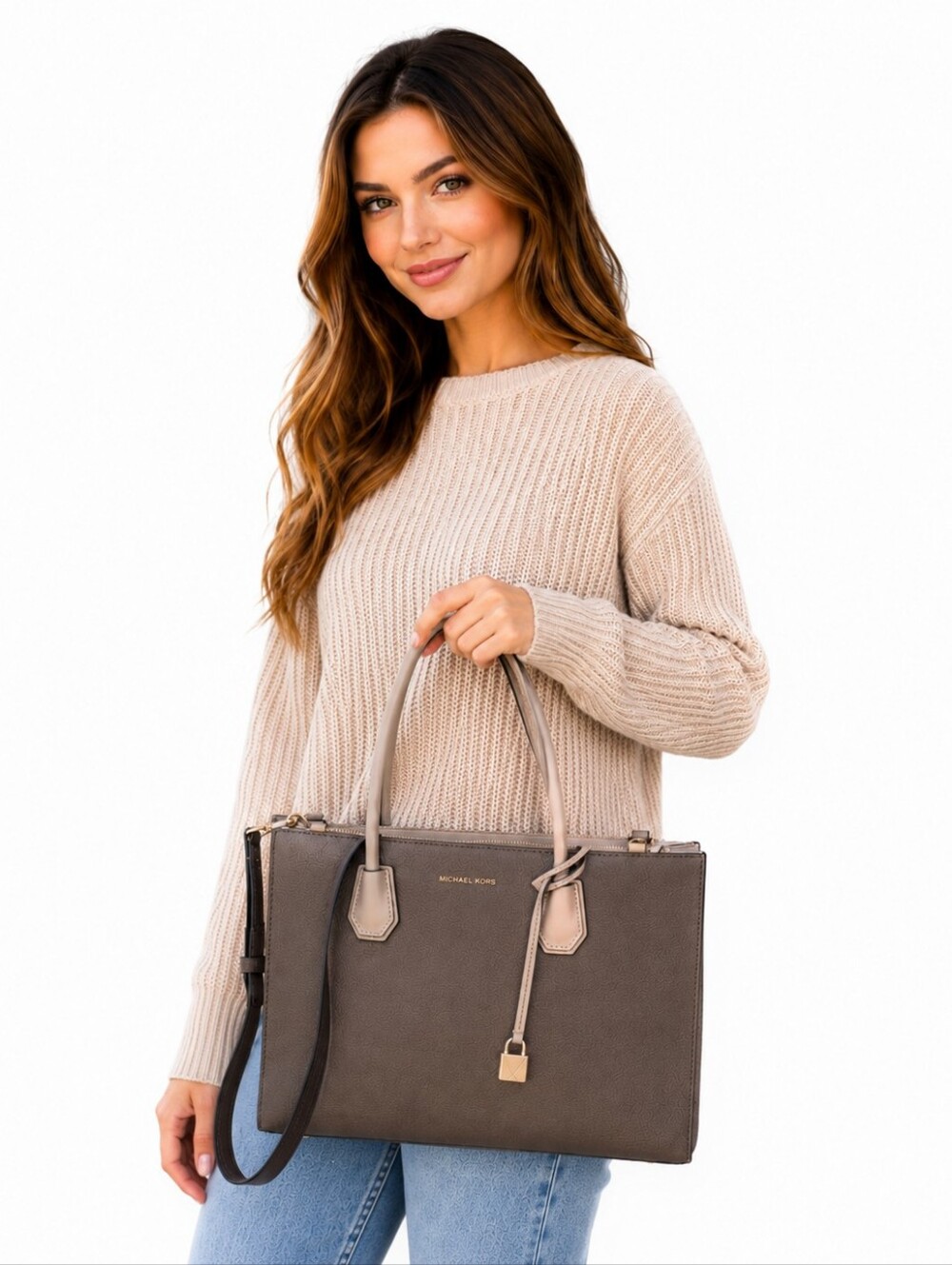 Michael Kors Mercer Medium Satchel Tote Bag Gray Taupe Pebbled Leather NWOT